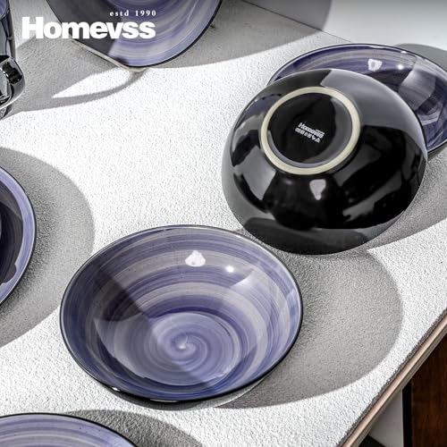 HomeVss, Sonoma Stoneware 16pc Dinnerware Set, Outside Black + Inside Hand Painting Color Cobalt - color: Cobalt