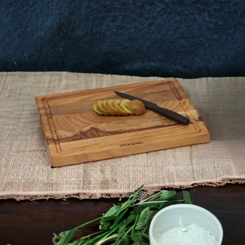 Vesta Homes Wooden Edge Grain Cutting Board/Chopping, Serving Board/Block for Vegetables, Fruits, Cheese and Charcuterie | Natural Acacia Wood | 15 * 10 * 1 Inches | Handcrafted in India - size: 15"L x 10"W