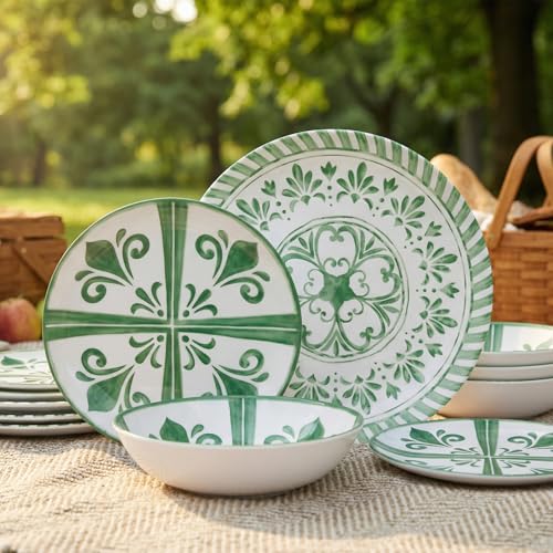 Melamine Dinnerware Sets, Dinnerware Sets for 4, 12Pcs Plates and Bowls Sets, Green Floral Embossed Design Dish Set for Indoor and Outdoor Use - color: Green