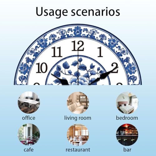CHGCRAFT 12inch Blue and White Porcelain Pattern Wall Clock Battery Operated Silent Non Ticking Flowers Round Decorative Clock for Office Home Kitchen Decor