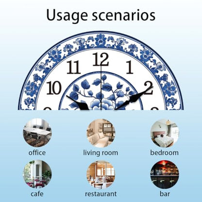 CHGCRAFT 12inch Blue and White Porcelain Pattern Wall Clock Battery Operated Silent Non Ticking Flowers Round Decorative Clock for Office Home Kitchen Decor