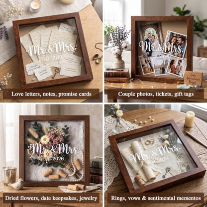 9x9 Wooden Wedding Shadow Box Frame - Mr and Mrs Est 2026 Memory Box Display Case with Clear Acrylic Window for Keepsakes, Dried Flowers, Photos - Bridal Shower, Engagement Gifts for Couples