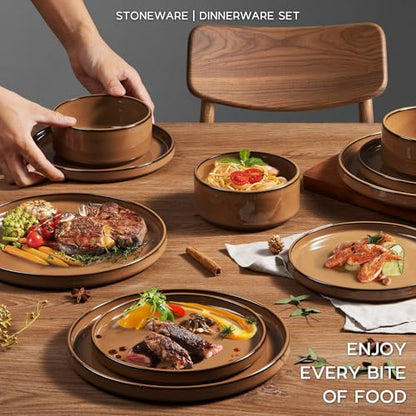 Onader Stoneware Dinnerware Sets for 4, Plates and Bowls with Unglazed Terracotta Bottom, Elegant Kitchen Ceramic Dish Dishware Set, Reactive Glaze 12 Piece - Earthy Umber - color: Earthy Umber