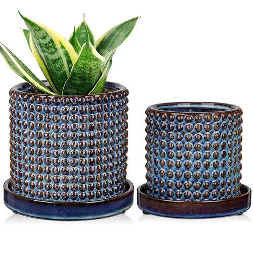 Set of 2 Ceramic Planter Pots with Drainage Hole and Saucer, Round Flower Pot Hobnail Modern Planter Pots for Indoor & Outdoor Plants - 4 Inch & 6 Inch, Blue - color: Vintage Blue # 4+6 Inch