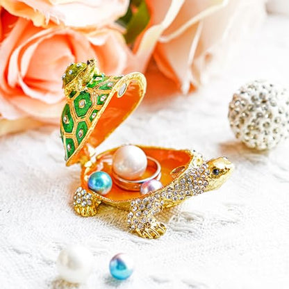 YU FENG 3 Inch Mother Child Turtle Trinket Box, Crystal Hinged Jewelry Box | Enameled Mother & Baby Tortoise Design, Sparkling Crystal Accents, Ring Holder, Collectible Figurine, Gift for Mom - color: Green Turtle