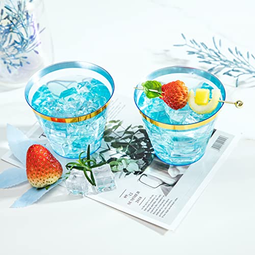MirthMood 150PCS Blue Plastic Cups,9oz Clear Disposable Cups with Gold Rim | Old Fashioned Tumblers Gold Rimmed Plastic Cups for Any occasion: Weddings, Parties, Business Events - color: Blue