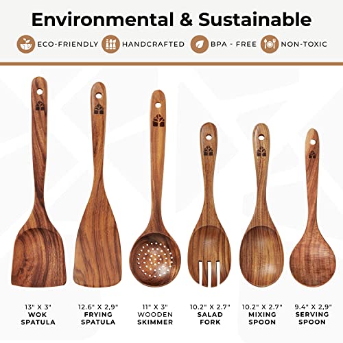 Wooden Spoons for Cooking, Teak Wood Kitchen Utensil Set – Multipack | Comfortable Grip, Non-Stick, Food-Safe & Easy to Clean Natural Cookware - size: 6 piece set