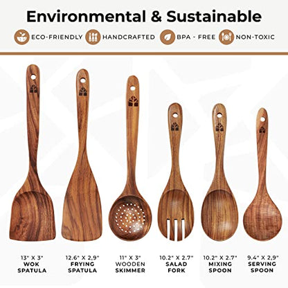 Wooden Spoons for Cooking, Teak Wood Kitchen Utensil Set – Multipack | Comfortable Grip, Non-Stick, Food-Safe & Easy to Clean Natural Cookware - size: 6 piece set