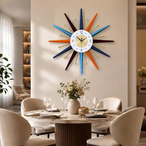 Large Wall Clock 22 Inch, Mid Century Wall Clock Starburst Clock, Retro 3D Metal Decorative Clock Non Ticking Battery Operated for Living Room, Bedroom, Kitchen, Gold