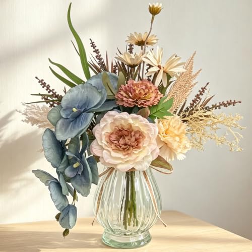 Fake Flowers with Vase, Artificial Phalaenopsis Orchid Silk Blue Flowers in Vase Faux Flower Cascading Orchid Arrangement Suitable for Home Office Decoration, Table Centerpiece (Blue) - color: Blue