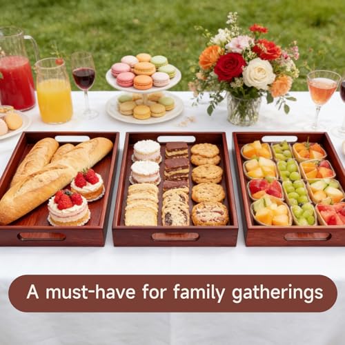 17 x 12 Inch Acacia Wood Large Serving Tray with Handles | Multi-use Tray for Coffee Table, Ottoman, Bed Breakfast, Included Free Leather Mat