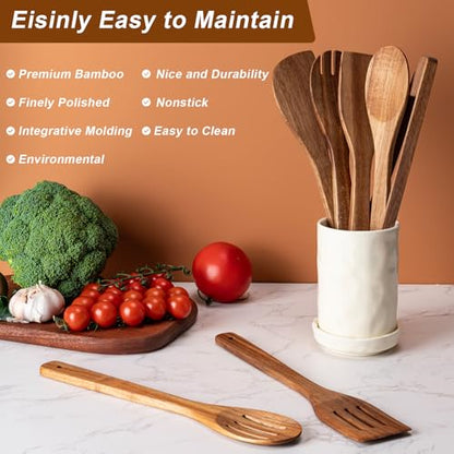 Eisinly Wooden Spoons for Cooking 7-Piece, Kitchen Nonstick Wood Cooking Utensils Set, Durability Wooden Spatula Spoon for Everyday Use, Brown - color: Brown-Wood, style: Square-edge