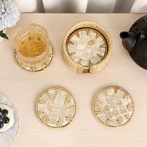 Coastal Coasters Set of 6, Boho Coaster Set with Holder - Cup Mat for Coffee Table, Boho Coaster Home Décor Accents, Heat Insulation, Rattan & Mother of Pearl Coasters, 4 Inch(Fish Scale) - style: Fish Scale