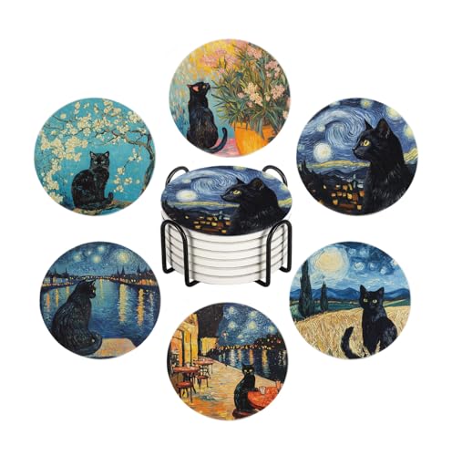 6Pcs Drink Coasters with Holder, Black Cat Absorbent Ceramic Drink Coaster with Cork Base, Home Bar Table & Office Decor House Warming Gift - color: Black Cat