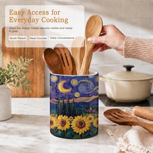 Starry Night Kitchen Utensil Holder,Sunflower Field Ceramic Utensil Crock for Countertop,Cooking Tools Storage jar for Spatulas and Spoons,Housewarming Gifts 6.3" - color: Starry Night Sunflower Field