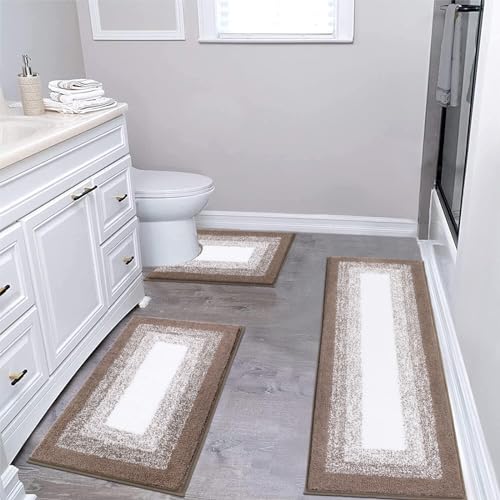 Bsmathom Bathroom Rug Sets 3 Piece, Non Slip Washable Bath Mats, Coffee | Soft Plush Microfiber, Water Absorbent Bathroom Rug with Bath Runner, U-Shaped Contour Toilet Mat for Shower - color: Coffee, size: 20"x32"+20"x59"+U Shape 20"x24"