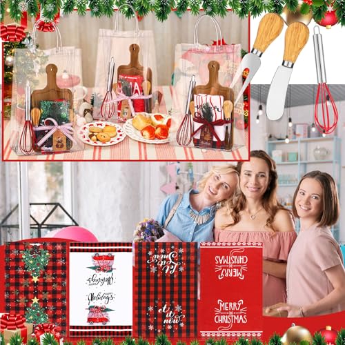 12 Set Christmas Charcuterie Board Gifts Bulk, Bamboo Mini Cheese Cutting Board Gifts with Spreader Knives Fork Towel Whisk for Xmas Gift Wedding Bridal Baby Shower(Long Handle,Dark) - color: Dark