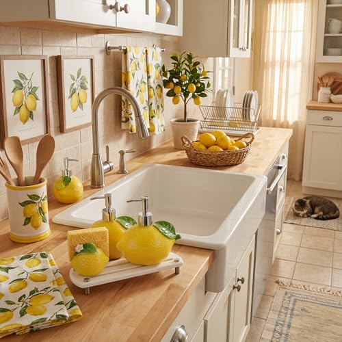 4 Pcs Lemon Kitchen Decor Ceramic Soap Dispenser Set Comes with Sponge Tray Instant Dry Tray Suitable for Kitchen Accessories Bathroom Decor Housewarming Gifts - style: Lemon
