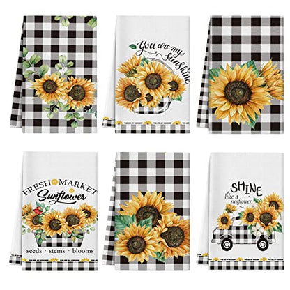Redbaker 6 Pcs Sunflower Kitchen Towels Buffalo Plaid Dish Towels | Farmhouse Kitchen Decor Towel, Sunflower Design for Housewarming, Hand Drying, Summer Dish Cloths with Black White Plaid - style: Plaid Sunflower