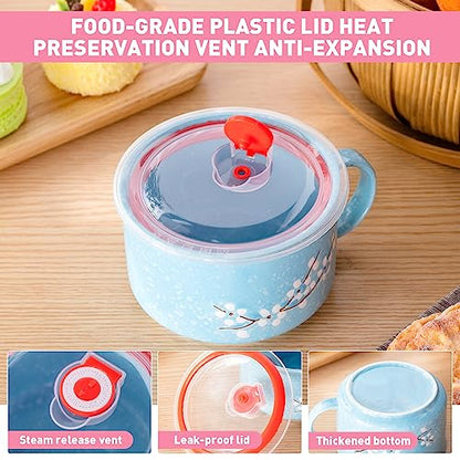 2 Pcs 30 Oz Ceramic Bowl with Lid Handle Noodle Cup,Pink, Blue | Microwave Soup Bowls for Instant Meals, Cherry Blossom Design, 2 Stainless Utensils Sets with Case for Office Dorm Lunch - color: Pink, Blue