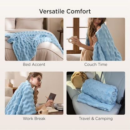 Bedsure Light Blue 3D Wave Fleece Throw Blanket for Couch - GentleSoft Spring Fluffy Blanket for Sofa Bed Room Decor, Super Cozy Fleece Throw for Women, Warm Cute All Season Gift, 50x60 Inches