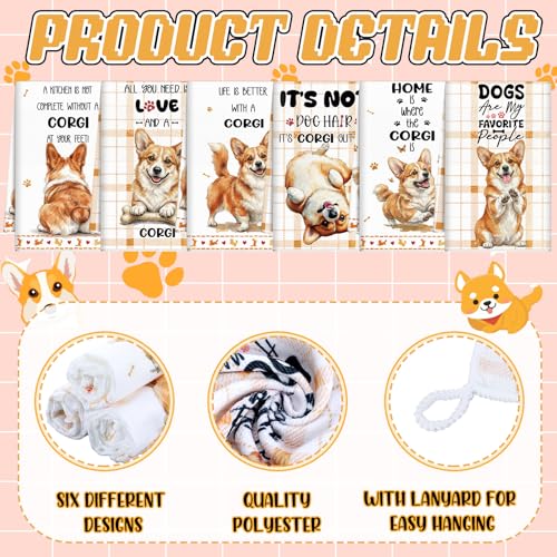 Redbaker 6 Pcs Funny Corgi Kitchen Towels Gifts for Corgi Lovers Dish Towel Yellow White Dog Kitchen Hand Decorative Tea Dishcloth with Hanging Loop for Dog Owners Bathroom Home Housewarming Gift - style: Corgi