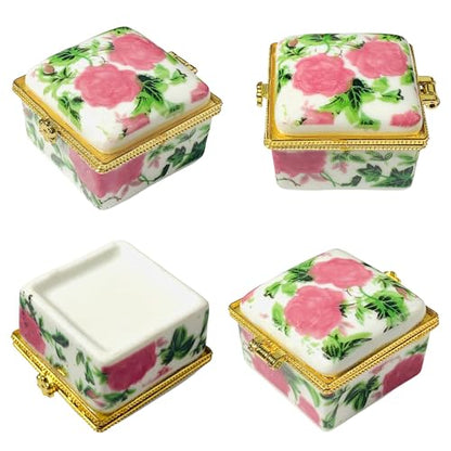 Tiny Square Porcelain Trinket Box | Pink Tea Roses | French Style Gift Box with Velvet Bag - style: Pink Tea Roses Square
