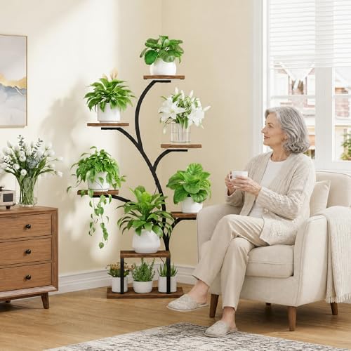 BACEKOLL Plant Stand Indoor with Grow Light, 7 Tier 49" Lighted Plant Shelf | Tree-Shaped Tall Holder with Full Spectrum Light for Indoor Growing, Sturdy Metal Rack for Home Corner, Space-Saving, Brown