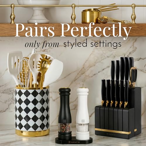 Styled Settings Electric Salt and Pepper Grinder Set, Black & white | Automatic Stainless Steel Battery Operated Salt and Pepper Mill, LED Light, Adjustable Coarseness, Wood Base - color: Black/White