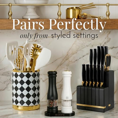 Styled Settings Electric Salt and Pepper Grinder Set, Black & white | Automatic Stainless Steel Battery Operated Salt and Pepper Mill, LED Light, Adjustable Coarseness, Wood Base - color: Black/White