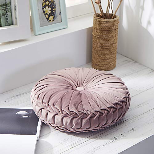 Cassiel Home 14.5" Pintuck Round Throw Pillow - Handcrafted Pumpkin Velvet Floor Pillow - Mauve Throw Pillows Cushion for Chair Couch(Solid Pink)