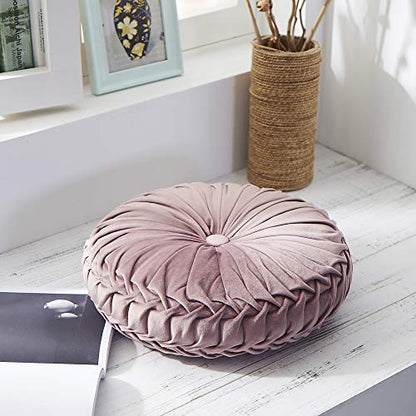 Cassiel Home 14.5" Pintuck Round Throw Pillow - Handcrafted Pumpkin Velvet Floor Pillow - Mauve Throw Pillows Cushion for Chair Couch(Solid Pink)