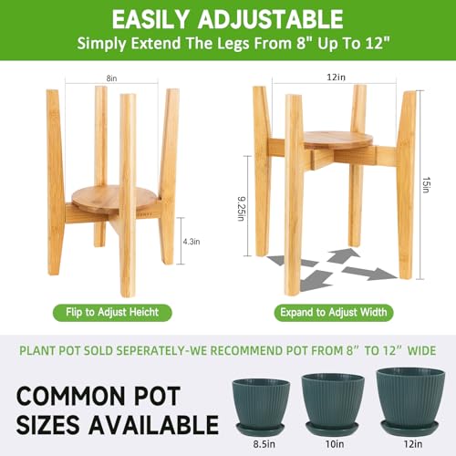 Adjustable Plant Stand with Tray,Indoor Wood Plant Stand Fit 8'' to 12'' Planter,Mid Century Modern Flower Pot Holder Rack(Plant and Pot Not Included) - color: Natural, size: 1 PACK