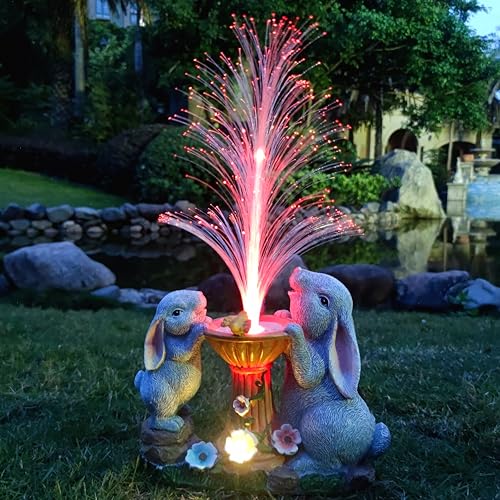 Solar Rabbit Garden Statues Outdoor Decor with LED Lights, Resin Rabbits Figurine Lights Decorations Colour Changing Fiber Optical Light, Outside Lawn Decor for Yard, Unique Housewarming Gift - color: Grey and Brown（rabbit）