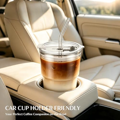 INSETLAN 13 oz Portable Glass Tumblers Set of 2, Thick Wall Glass Cups with Lid and Glass Straw, On-the-Go Coffee Cups for Iced Coffee, Tea, Milk, Hot & Cold Drinks, Travel & Daily Use - color: 13 oz - 2 Pcs