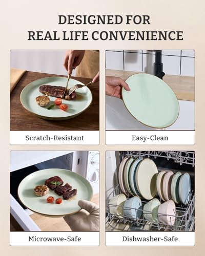Famiware Saturn Dinnerware Sets, Ceramic Dishes for 4, Rimmed Plates, Bowls | Light Green, 12 pcs Microwave and Dishwasher Safe Stoneware, Chip & Scratch Resistant, Modern Rustic Tableware, Everyday Use - color: Light Green, size: 12
