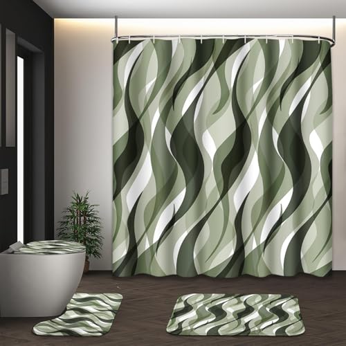 Bathroom Sets with Shower Curtain and Rugs, 4 Pcs, Green Geometric | Abstract Ombre Modern Bathroom Decor Set with Toilet Lid Cover, Non-Slip Bath Mats and Accessories 12 Hooks - color: Geometric Lines Green