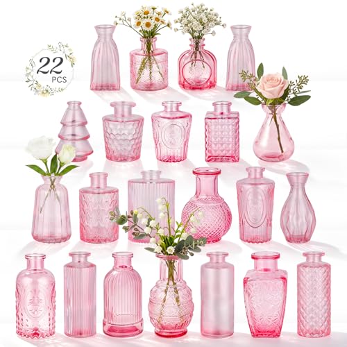22 Pack Pink Glass Bud Vases,Vintage Small Flower Vases for Centerpieces,Assorted Mini Glass Vases for Flowers,Table Decor,Wedding,Home,Living Room,Bedroom,Office,Party,Gifts(Pink 22 Pack) - style: Pink 22 Pack