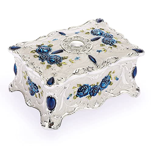 Hipiwe Vintage Metal Jewelry Box White Trinket Boxes Engraved Blue Pattern | Jewelry Display Case Christmas Gift for Women, Decorative Treasure Chest Organizer - color: Silvery white, size: Medium