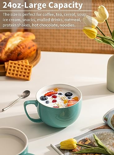 Teocera 24 oz Soup Bowls with Handles, Porcelain Large Coffee Mug Set, Jumbo Mugs, Soup Bowls Mugs set of 4 for Coffee, Oatmeal, Stew - Striped Design, Turquoise - color: Turquoise
