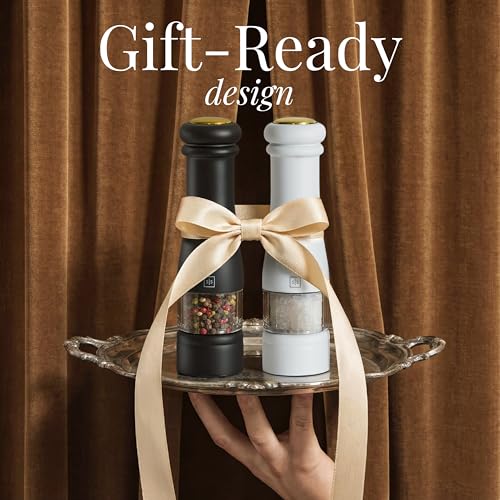 Styled Settings Electric Salt and Pepper Grinder Set, Black & white | Automatic Stainless Steel Battery Operated Salt and Pepper Mill, LED Light, Adjustable Coarseness, Wood Base - color: Black/White