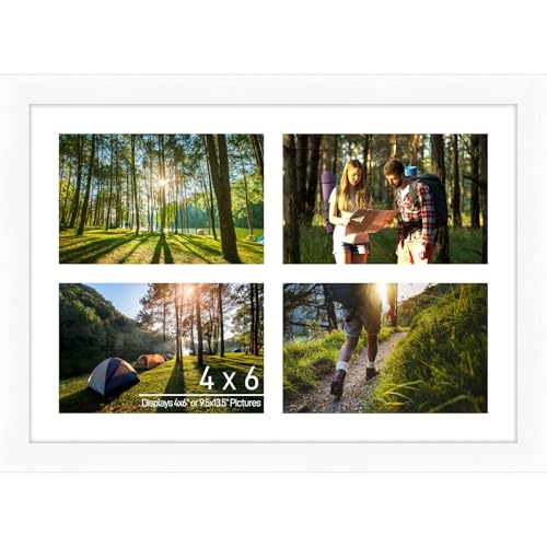 4"x6" Photo Collage Frame 4 Openings, White Wood Frame, White Mat | Holds 4 4x6 Photos, 9.5"x13.5" Multi Picture Frame Collage Wall Decor Wooden, Horizontal & Vertical, Tabletop & Wall Mount - color: White Frame & White Mat, size: 4 Openings (9.5x13.5) -