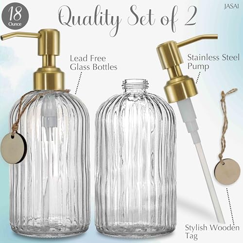 JASAI 2PACK 18Oz Fluted Glass Soap Dispenser with Golden Rust Proof Pump | Refillable Kitchen Soap Dispenser with Vertical Stripe, Bathroom Soap Dispenser for Hand Soap, Dish Soap, liquid Soap, Lotion - color: Clear-golden Pump-2p, size: 2 Pack