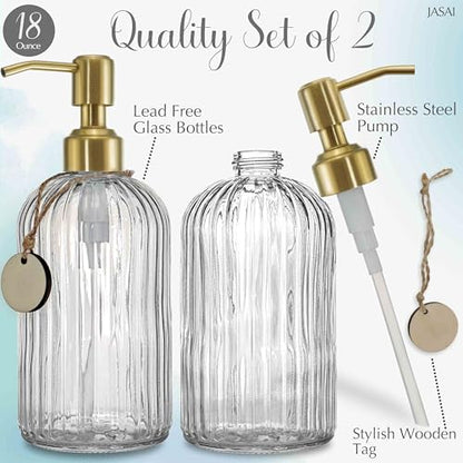 JASAI 2PACK 18Oz Fluted Glass Soap Dispenser with Golden Rust Proof Pump | Refillable Kitchen Soap Dispenser with Vertical Stripe, Bathroom Soap Dispenser for Hand Soap, Dish Soap, liquid Soap, Lotion - color: Clear-golden Pump-2p, size: 2 Pack