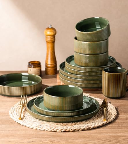 GBHOME Stoneware Dinnerware Sets for 4, 12 Pieces Plates and Bowls Set | Lightweight Ceramic Ribbed Dishes,Reactive Glaze Stackable Plate Set,Scratch Resistant,Microwave&Dishwasher Safe,Sage Green - color: Sage Green