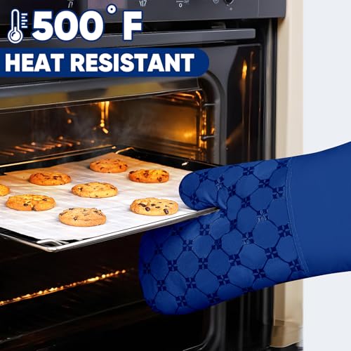 Oven Mitts Kitchen Towels Dishcloths with Pot Holders Sets, Dish Towels Sets, Oven Gloves Pot Pads Heat Resistant 500 Degrees with Non-Slip Silicone Surface for Cooking Baking Grilling-Royal Blue - color: Royal Blue