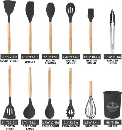 Silicone Cooking Utensils Kitchen Utensil Set - 446°F Heat Resistant Silicone Kitchen Utensils Set, Spatula,Turner Tongs, Spoon, Brush, Whisk,Kitchen Gadgets for Nonstick Cookware, BPA Free (Black) - color: Black