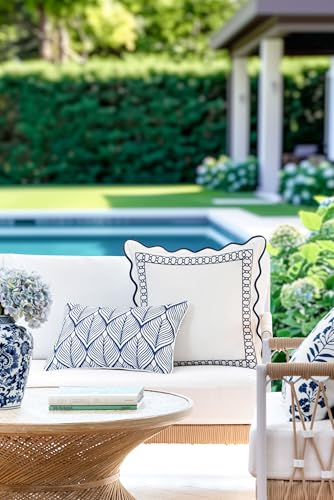 Hofdeco Premium Coastal Patio Indoor Outdoor Lumbar Pillow Cover Only, 12"x20" Water Repellent for Backyard, Couch, Navy Blue Print Geometric Leafs - color: Navy Blue Geometric Leafs 12"x20"