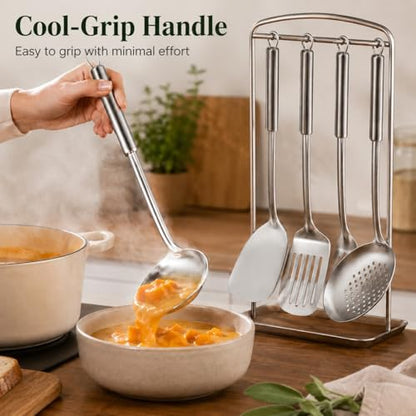 Pleafind Cooking Utensils Set - 4 Pcs Stainless Steel Kitchen Utensils Set with Solid Turner, Slotted Turner, Serving Ladle, Slotted Spoon, Wok Utensils Set with Heat Resistant Handle, Dishwasher Safe - color: 4P-Silver