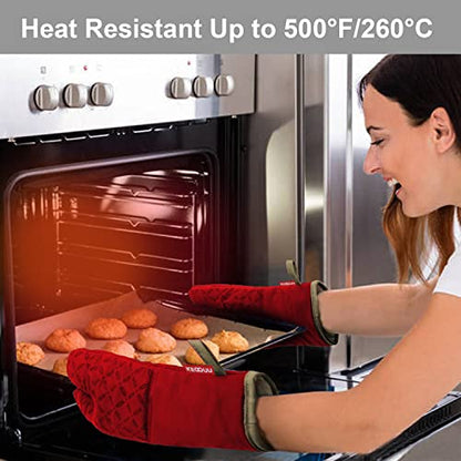KEGOUU Oven Mitts and Pot Holders 6pcs Set, Kitchen Oven Glove High Heat Resistant 500 Degree Extra Long Oven Mitts and Potholder with Non-Slip Silicone Surface for Cooking (Red) - color: Red